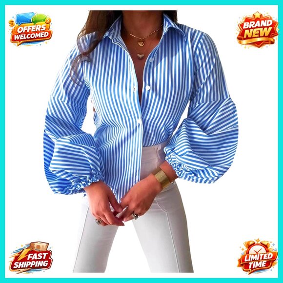 Tops - Striped Balloon Sleeve Button Down Blouse Collared Fall Fashion Top